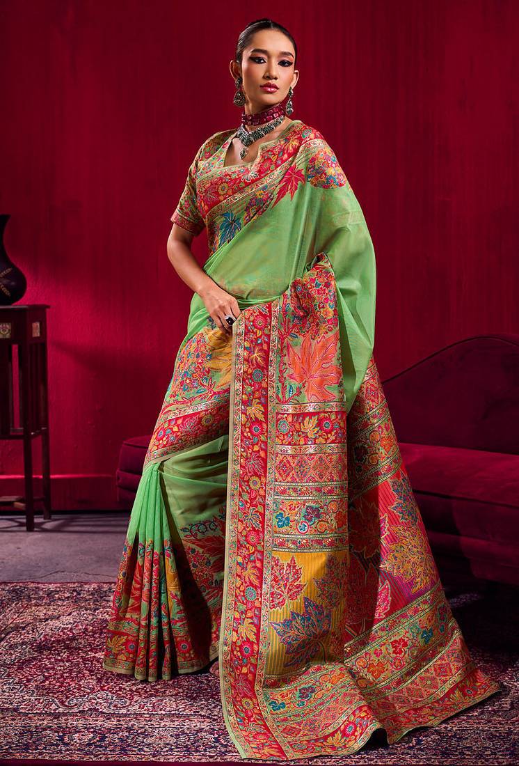Parrot green modal pashmina handloom zari weaving saree with blouse