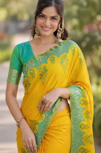 Yellow soft silk banarasi jacuard work designer party wear saree with unstitched blouse piece