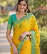 Yellow silk blend banarasi saree with unstitched blouse piece