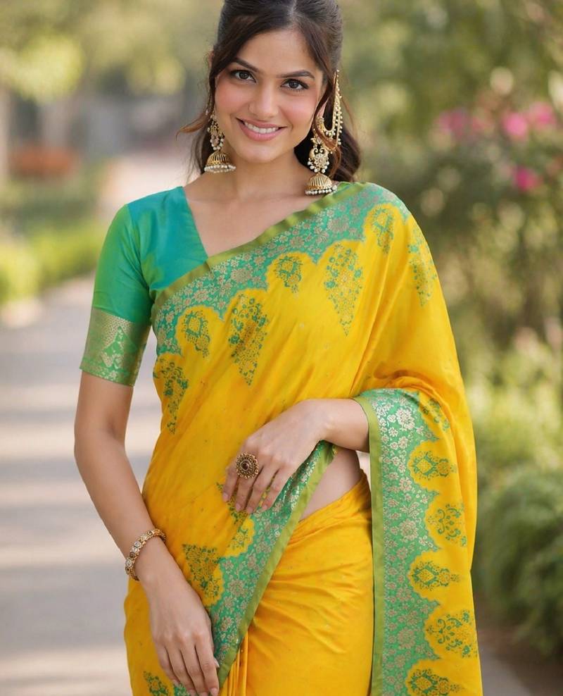 Yellow soft silk banarasi jacuard work designer party wear saree with unstitched blouse piece