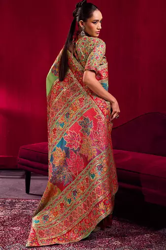 parrot green modal pashmina handloom zari weaving saree with blouse