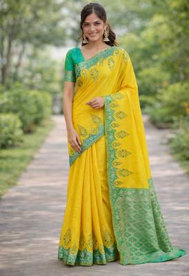 Yellow silk blend banarasi saree with unstitched blouse piece 3
