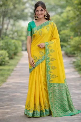 Yellow silk blend banarasi saree with unstitched blouse piece