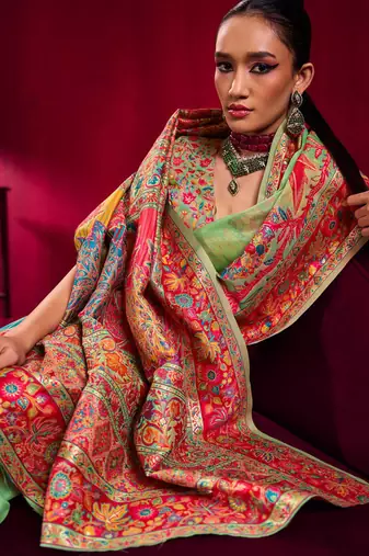 parrot green modal pashmina handloom zari weaving saree with blouse