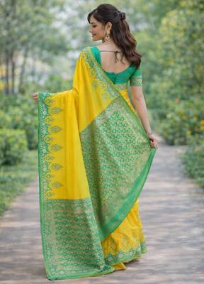 Yellow silk blend banarasi saree with unstitched blouse piece 4