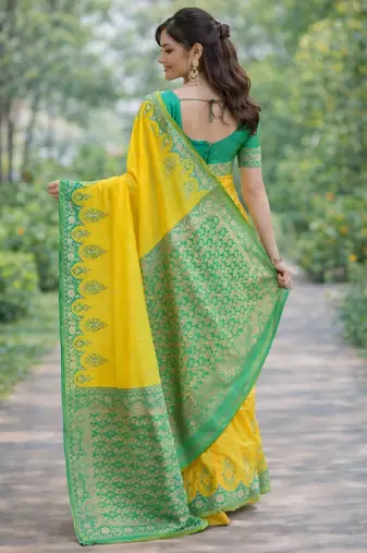 Yellow silk blend banarasi saree with unstitched blouse piece
