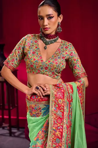 parrot green modal pashmina handloom zari weaving saree with blouse
