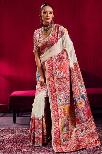 Off white modal pashmina handloom zari weaving saree with blouse