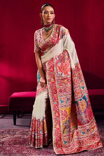 Off white modal pashmina handloom zari weaving saree with blouse