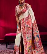 Off white modal pashmina handloom zari weaving saree with blouse
