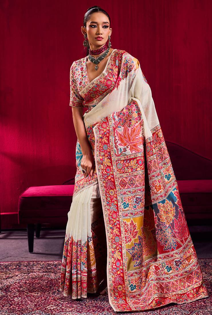 Off white modal pashmina handloom zari weaving saree with blouse