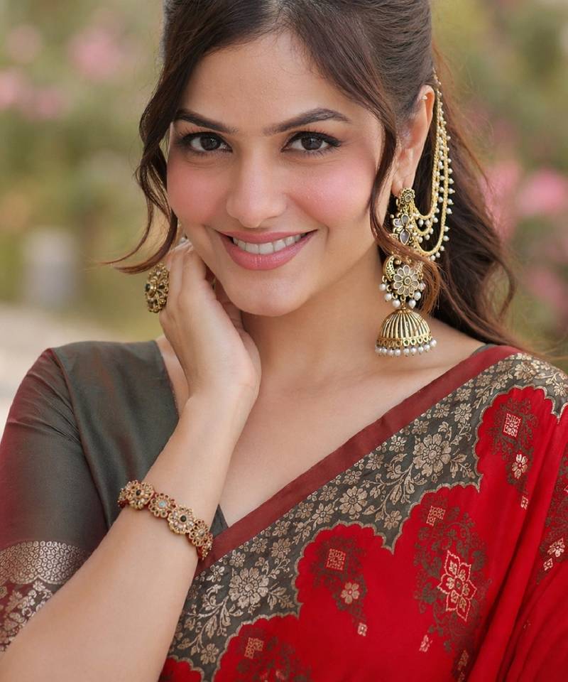 Red soft silk banarasi jacuard work designer party wear saree with unstitched blouse piece