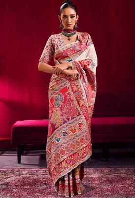 off white modal pashmina handloom zari weaving saree with blouse 2