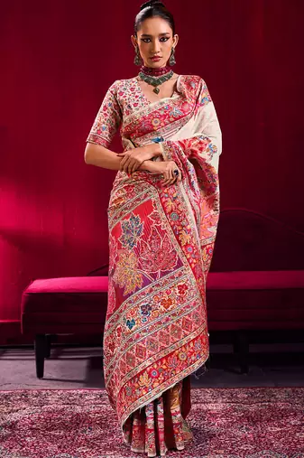 off white modal pashmina handloom zari weaving saree with blouse