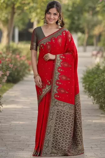 Red silk blend banarasi saree with unstitched blouse piece