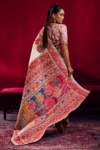 off white modal pashmina handloom zari weaving saree with blouse