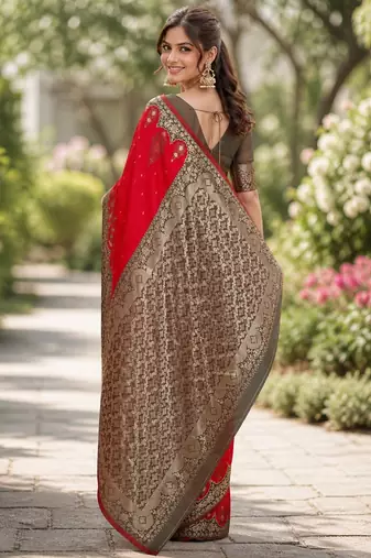 Red silk blend banarasi saree with unstitched blouse piece
