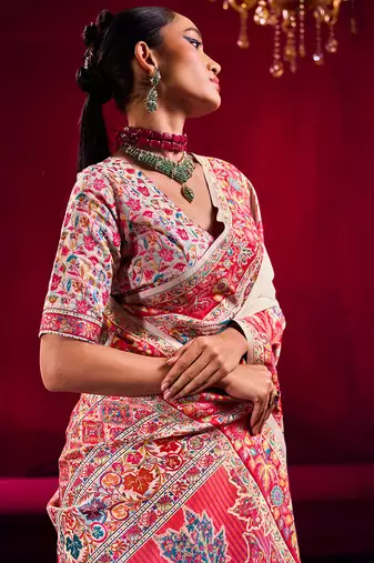 off white modal pashmina handloom zari weaving saree with blouse