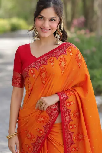 Orange soft silk banarasi jacuard work designer party wear saree with unstitched blouse piece
