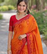 Orange silk blend banarasi saree with unstitched blouse piece