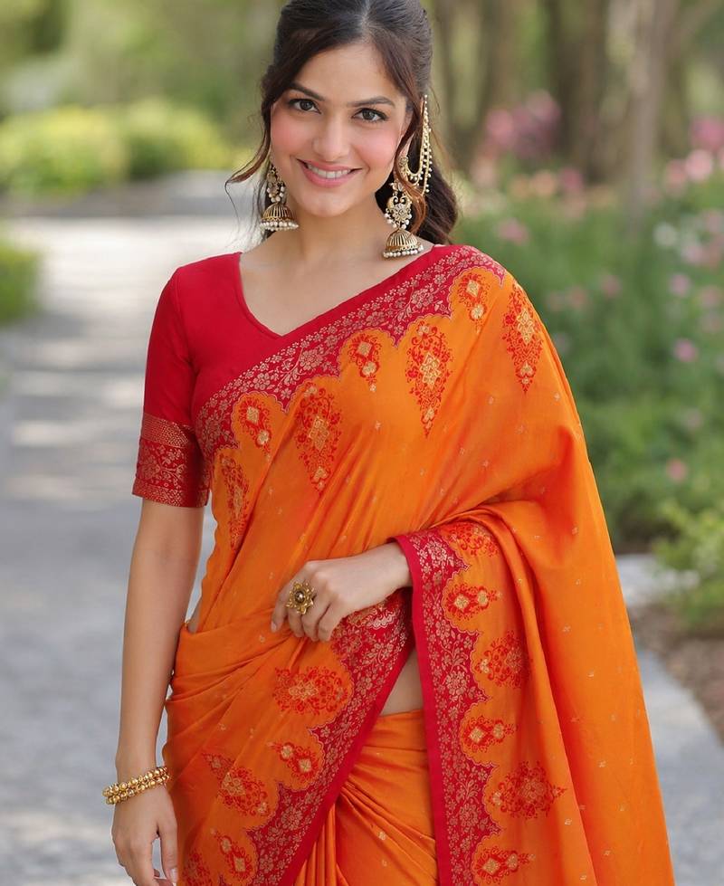 Orange soft silk banarasi jacuard work designer party wear saree with unstitched blouse piece
