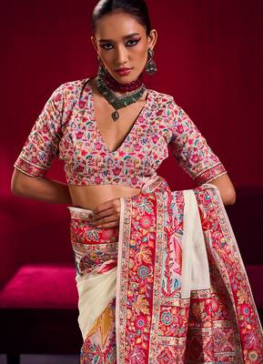 off white modal pashmina handloom zari weaving saree with blouse 5