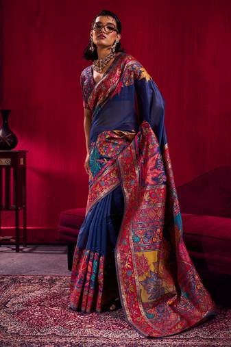 Navy blue modal pashmina handloom zari weaving saree with blouse