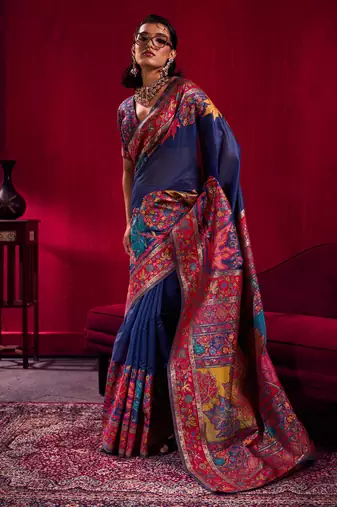 Navy blue modal pashmina handloom zari weaving saree with blouse