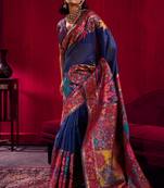Navy blue modal pashmina handloom zari weaving saree with blouse