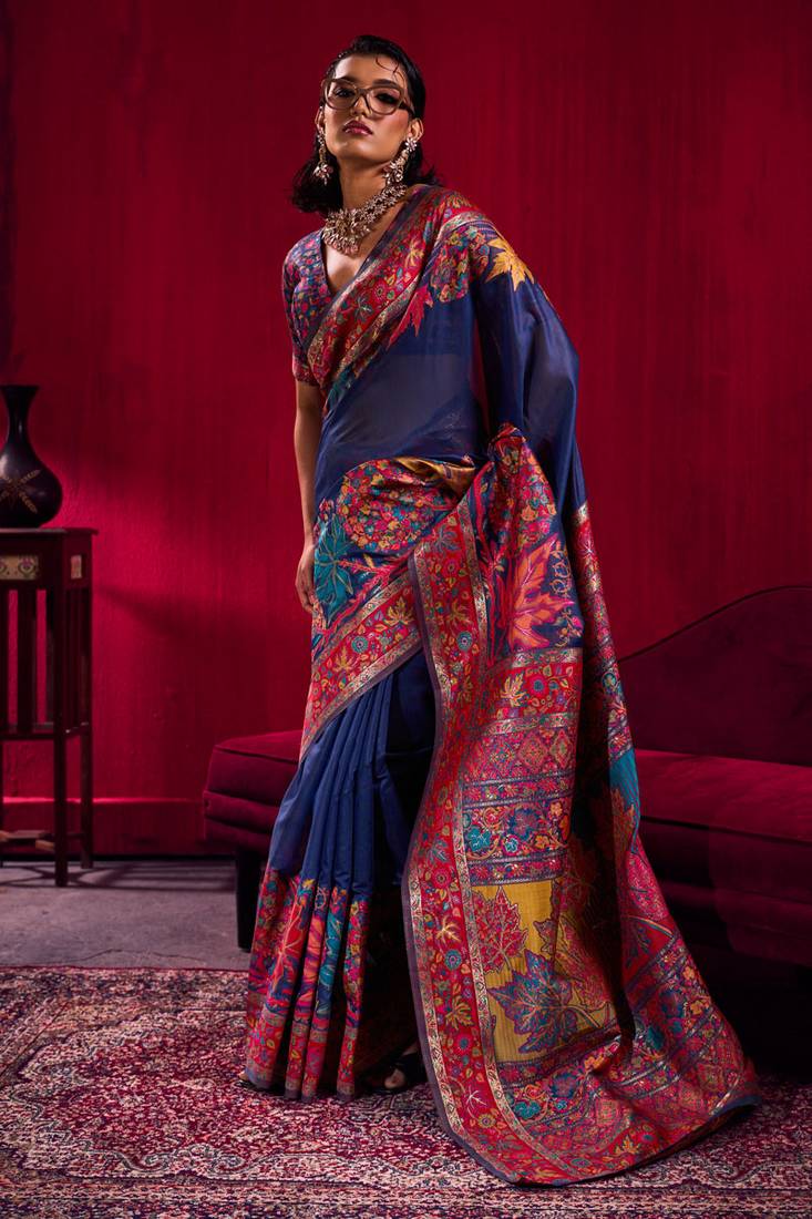 Navy blue modal pashmina handloom zari weaving saree with blouse