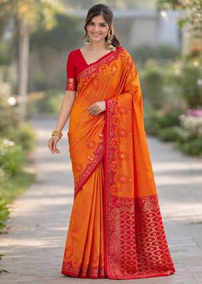 Orange silk blend banarasi saree with unstitched blouse piece 3