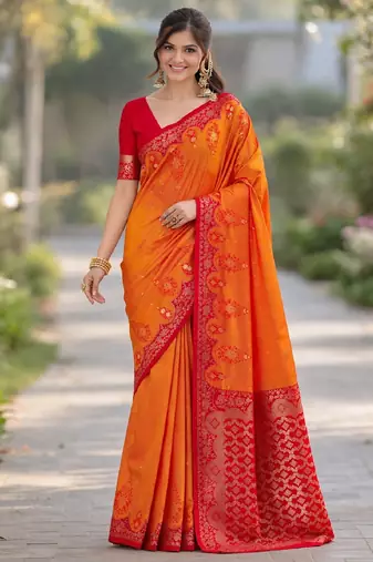 Orange silk blend banarasi saree with unstitched blouse piece