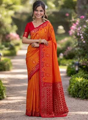 Orange silk blend banarasi saree with unstitched blouse piece 4