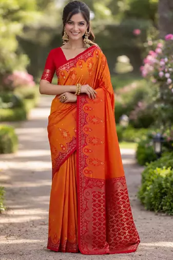 Orange silk blend banarasi saree with unstitched blouse piece