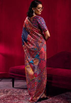 navy blue modal pashmina handloom zari weaving saree with blouse 3