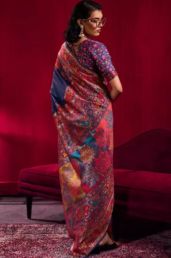 navy blue modal pashmina handloom zari weaving saree with blouse