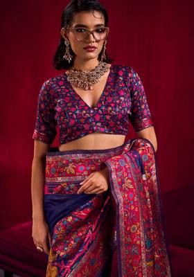 navy blue modal pashmina handloom zari weaving saree with blouse 4