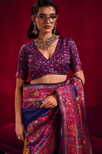 navy blue modal pashmina handloom zari weaving saree with blouse