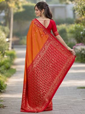 Orange silk blend banarasi saree with unstitched blouse piece 5