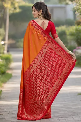 Orange silk blend banarasi saree with unstitched blouse piece