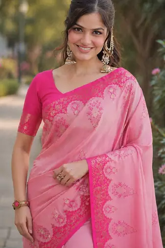 Pink soft silk banarasi jacuard work designer party wear saree with unstitched blouse piece
