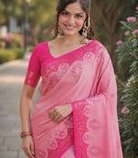 Pink silk blend banarasi saree with unstitched blouse piece