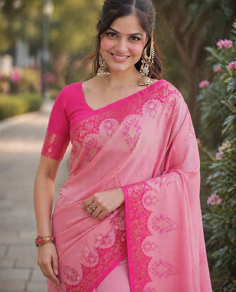 Pink soft silk banarasi jacuard work designer party wear saree with unstitched blouse piece