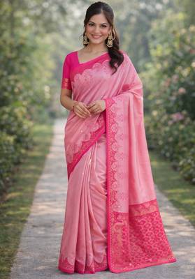 Pink silk blend banarasi saree with unstitched blouse piece 3