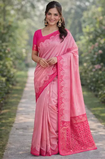 Pink silk blend banarasi saree with unstitched blouse piece