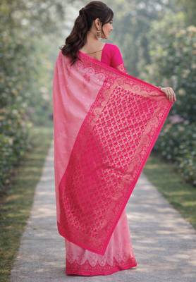 Pink silk blend banarasi saree with unstitched blouse piece 4