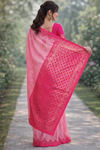Pink silk blend banarasi saree with unstitched blouse piece