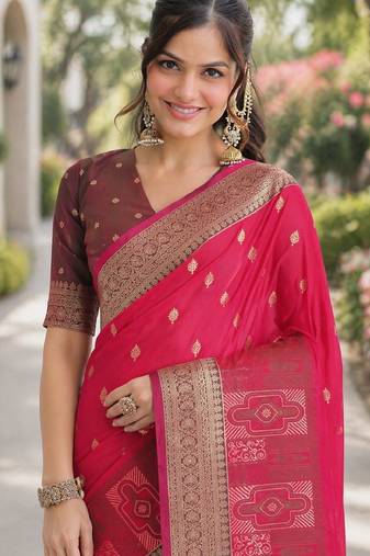 Pink soft silk banarasi jacuard work designer party wear saree with unstitched blouse piece