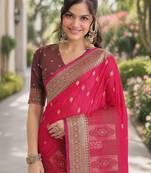 Pink silk blend banarasi saree with unstitched blouse piece