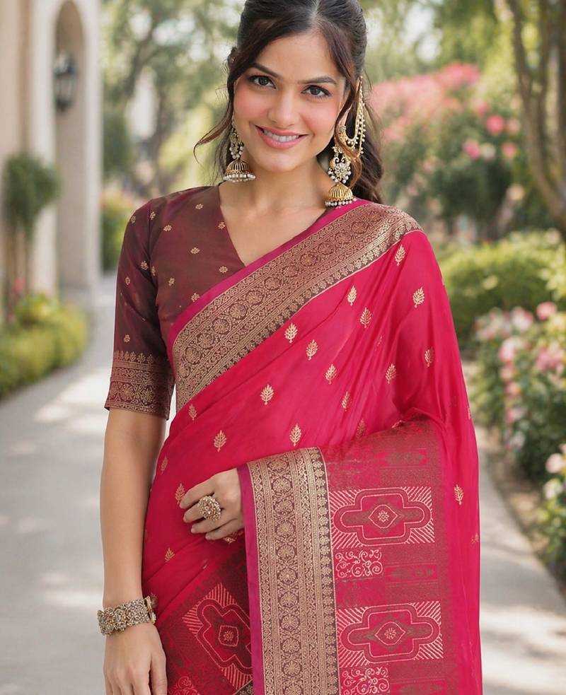 Pink soft silk banarasi jacuard work designer party wear saree with unstitched blouse piece